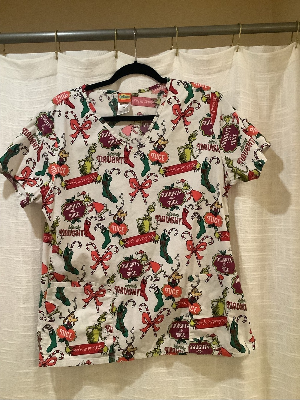 Dr. Seuss Holiday V-Neck Scrub Top in White with Red and Green